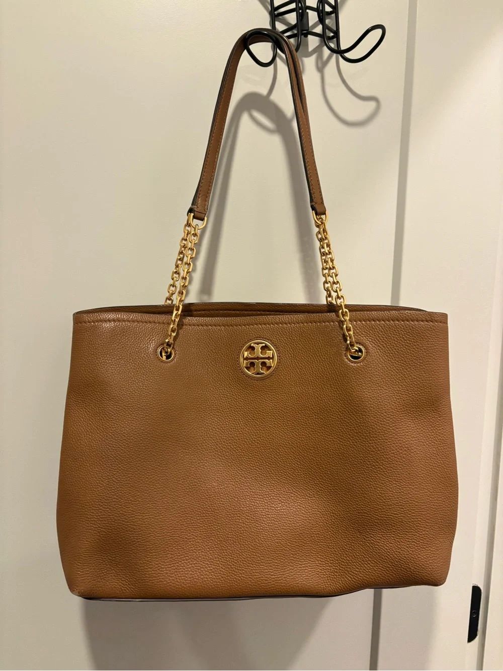 Tory Burch Tan Pebbled Leather Tote with Gold Chain Straps